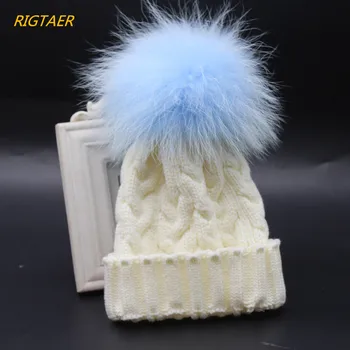 

Children raccoon hair ball woolen twist knit hat baby boy and girl winter hats color raccoon hair ball Fur Pompom hat beanies