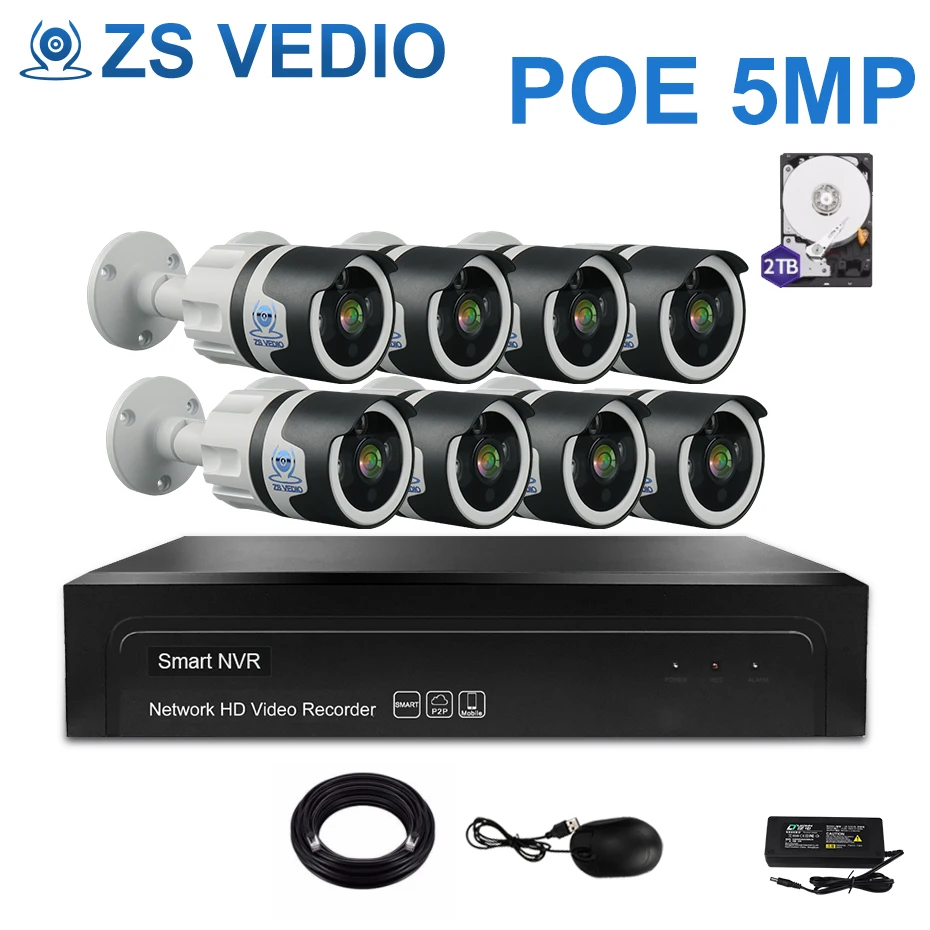 

ZSVEDIO 8ch 5.0MP Built-in Audio POE Kit H.265 + H.265 System CCTV Security 8ch NVR IP Camera Outdoor Waterproof Set E-mail P2P