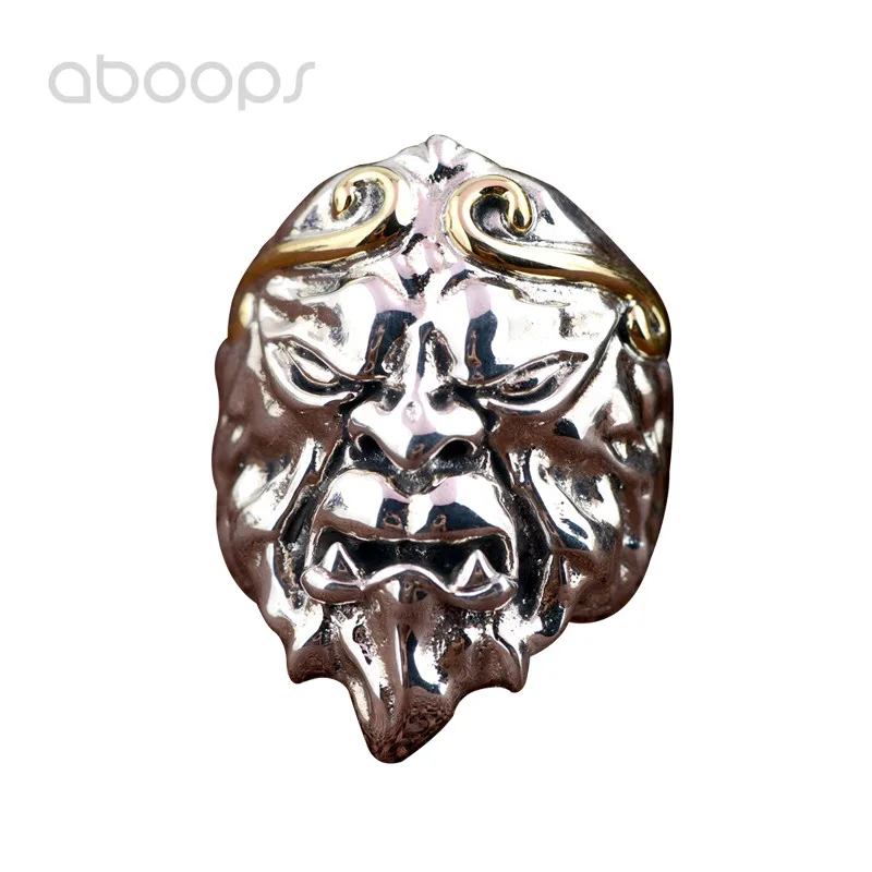 cheap Vintage Solid 925 Sterling Silver Chinese Myth Monkey King Head Open Ring for Men Adjustable Free Shipping