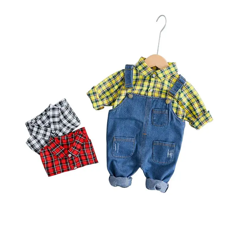 

2019 baby children's clothing boys and girls Korean version of denim plaid shirt baby two-piece children's shirt suit