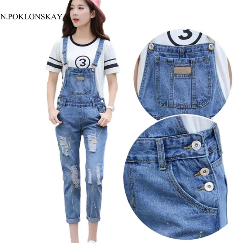 

2017 New Women Ripped Hole Denim Jumpsuits Women's Casual Romper Plus Size Overalls Long Pants Jeans Female Slim Catsuit