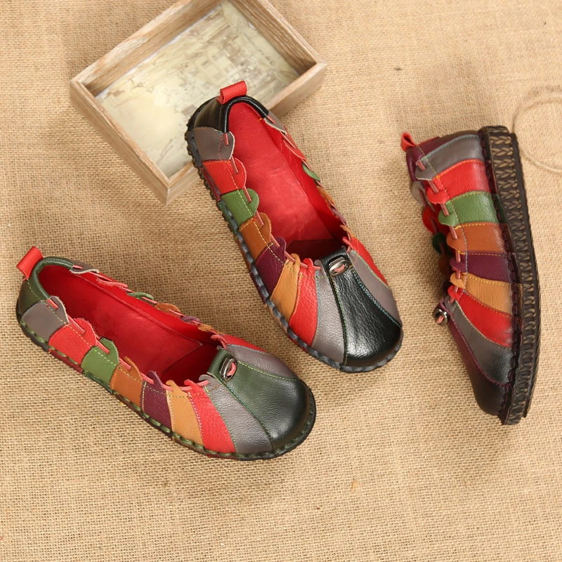 De Caoutchouc Véritable 2 Mère Dongnanfeng Peau purple Femmes Porc Pu 35 Appartements Casual 40 Slip Cuir Yd green Mocassins Vache Vintage En Sur Chaussures Black Patchwork xx6UwX
