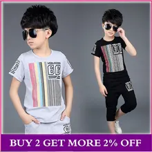 Спортивный комплект для мальчиков, летняя футболка в полоску с короткими рукавами для мальчиков-подростков, повседневные штаны, хлопковый костюм из 2 предметов для мальчиков 3-9 лет