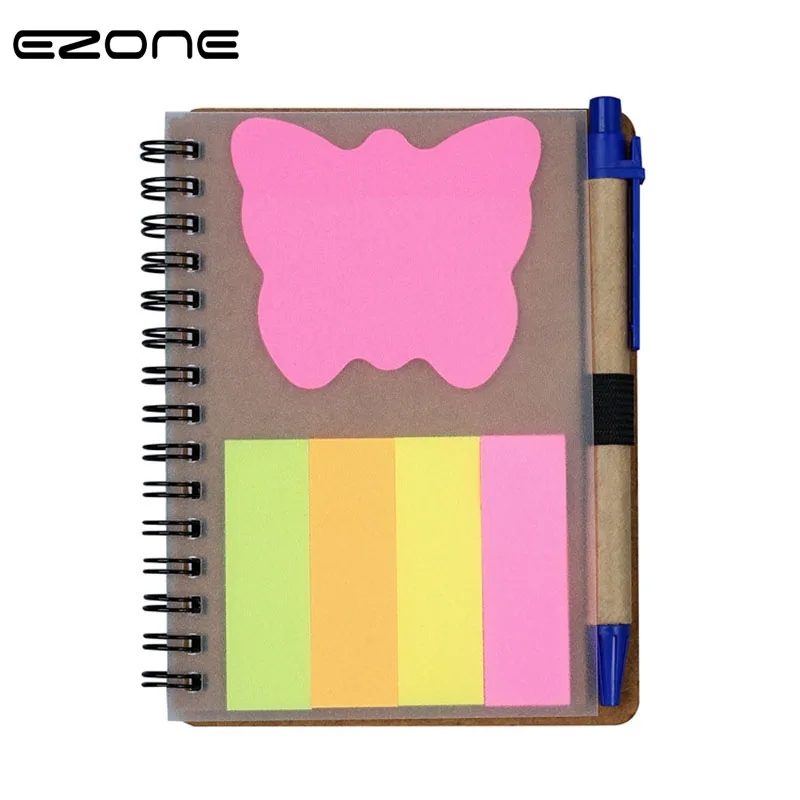 

EZONE Kraft Notebook With Pen Sets Sticky Notes Memo Pad Creative Spiral Notebook 3 Colors Choose 10.5*14cm School Stationery