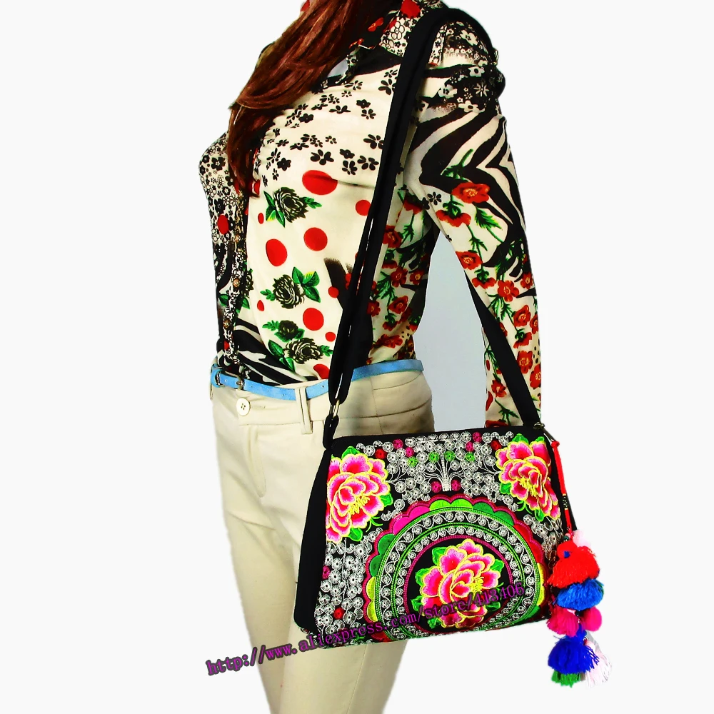 

Two-use Vintage Hmong Tribal Ethnic Thai Indian Boho shoulder messenger purse bag embroidery tote bag pom pom trim SYS-357
