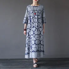 Женское длинное платье в китайском стиле с винтажным принтом, повседневное летнее платье свободного кроя с круглым вырезом, фирменный дизайн, льняные платья, женская одежда, A064