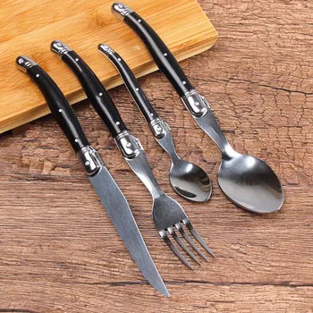 

Food Scoop Fork Steak Knife Stainless Steel Dinnerware Set Portable Black Colorful PP Handle Tableware Western Cutlery Set 4pcs