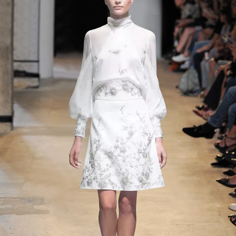 

Runway Designer Spring Skirt Suits Chiffon Stand Collar White Bow Shirt Women Suits + Vintage Embroidery Diamonds A Line Suits
