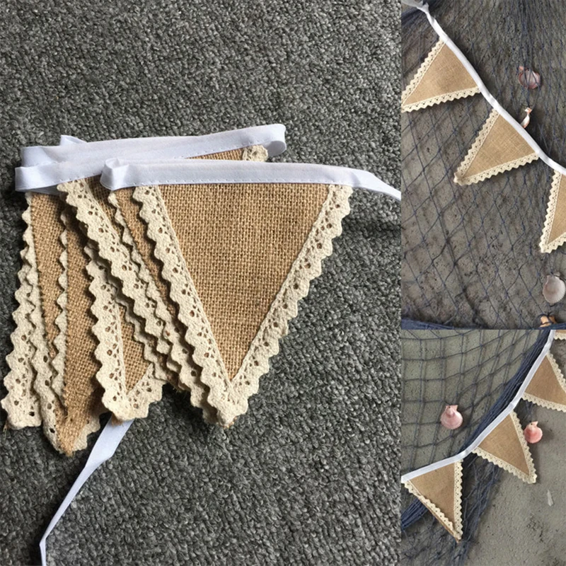 

2m Retro Shabby Chic Wedding Banner Flag Xmas Party Rustic Hessian Lace Bunting Banners Burlap New Year Decoration