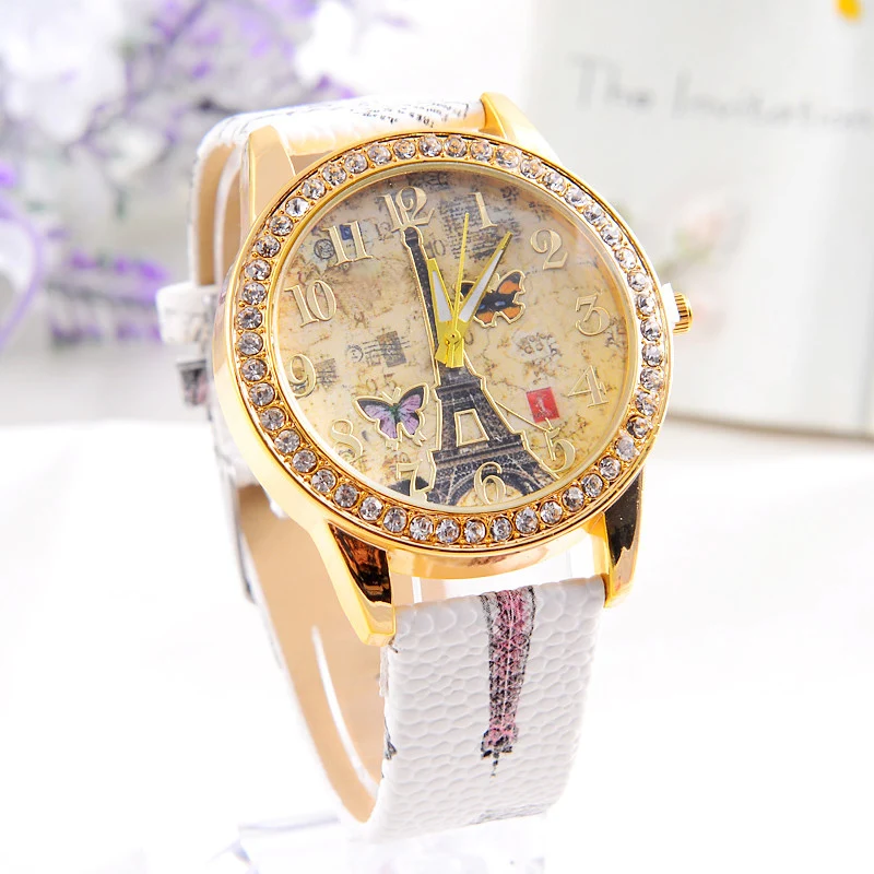

Luxury Fashion Crystal Diamond Watch Paris Style Tower Butterfly Gold Digital Numbers PU Leather Women Lady Watches Colck Hours