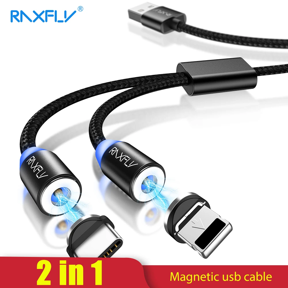 2 в 1 Магнитный кабель RAXFLY Lighting USB Type C для iPhone X 7 XS Max зарядный Micro магнитное зарядное