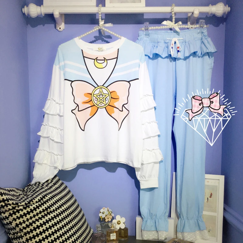 Япония мультфильм аниме косплей Сейлор Мун принт девушки пижамные комплекты топ и брюки 2 шт. Женская домашняя одежда - Цвет: Небесно-голубой