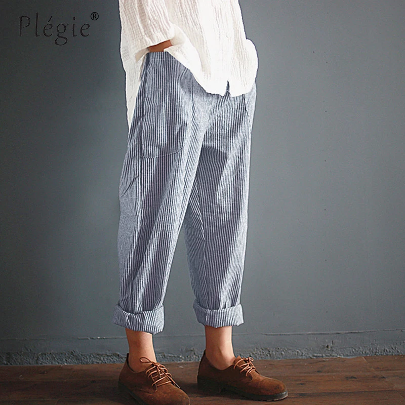 

Plegie Women Elastic Waist Striped Pockets Loose Cotton Linen Long Harem Pants Casual Pantalon Overalls Trousers Plus Size 5XL