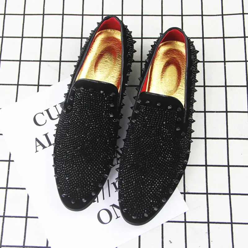 Black Suede Men Party Wedding Ventilation Casual Studded Shoes Sapato Masculino Metal Toe Men'S Flat Loafers Smoking Shoes Black Suede Men Party Wedding Ventilation Casual Studded Shoes Sapato Masculino Metal Toe Men'S Flat Loafers Smoking Shoes