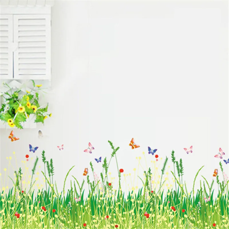 Idyllic field green meadow flowers butterfly baseboard wall stickers natural scenery home decor