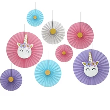 1set/8 Pack of Unicorn Birthday Party Decoration Hanging Paper Fans for Mermaid Baby Shower Decor Photo Props Party Accessories