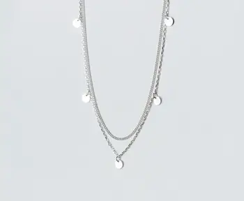 

1pc 100% real 925 Sterling Silver Fine Jewelry Double Rows Geometric Round Coin Station Statement necklace Geometric GTLX1640