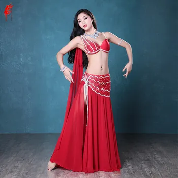

Senior Rhinestones bra+silk long skirt 2pcs girls belly dance suit for women belly dance performance clothing