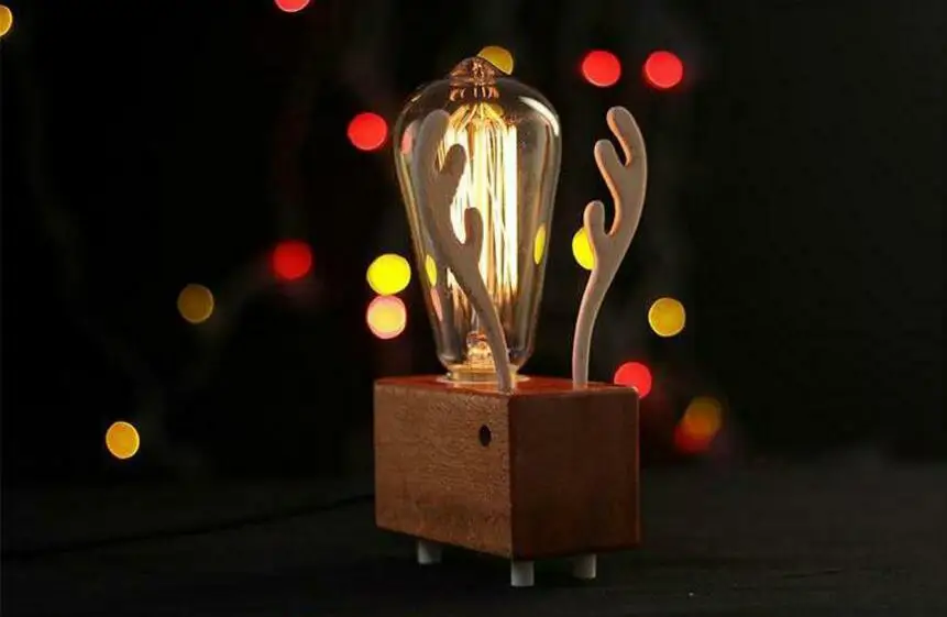 

Edison Bulbs Wooden shade Handmade Creative Oak Wood LED Night Table Lamp Desk Lighting Christmas Reindeer Gifts DIY Desk Light
