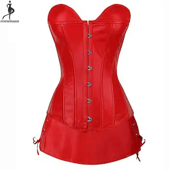 

Sexy Red Corset Dress Elastic Boned Corsets Overbust Faux Synthetic Leather Korset Dresses Women Outfit Bustier Top With Skirt