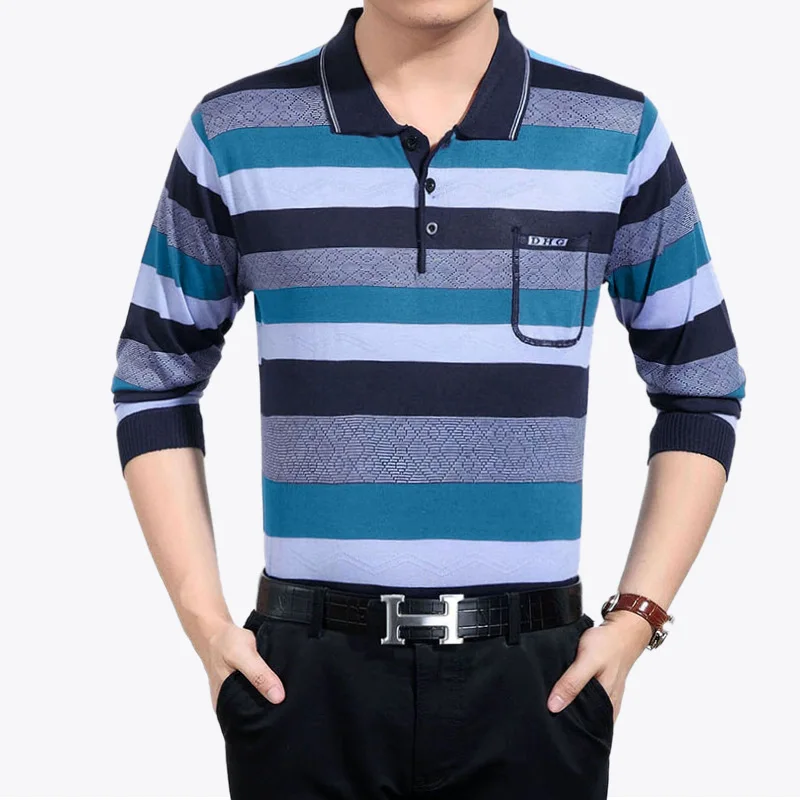 Повседневная Деловая Мужская рубашка с длинным рукавом, мужская полосатая Модная брендовая рубашка поло, дизайнерская Мужская теннисная рубашка поло camisa social 8654 - Цвет: Green Blue