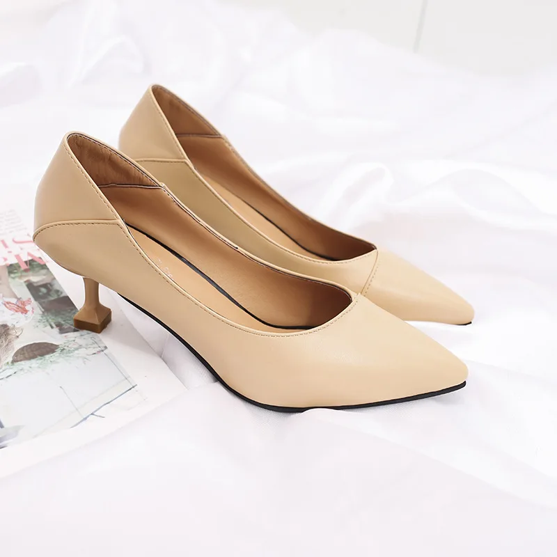 

Black PU Leather Sexy Pointed Toe Shallow Women Kitten Heels Shoes Fashion Women's Pumps With Medium Heels Office Work Shoes