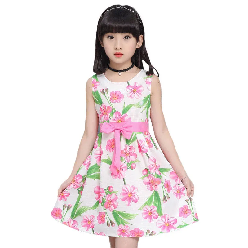 New Floral Print Dress Girls Summer 2018 Fashion Bowknot Printed