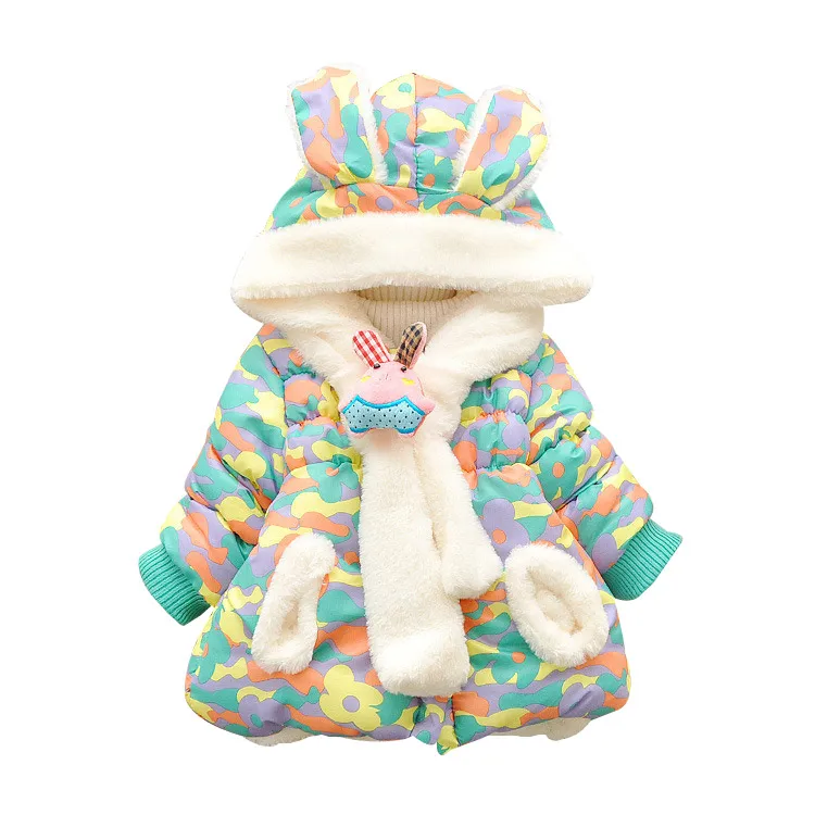 

Winter Warm Baby Snowsuit Cute Rabbit Ear Hooded Printed Baby Girl Outerwear Newborn Infant Girls Parka Toddler Coat