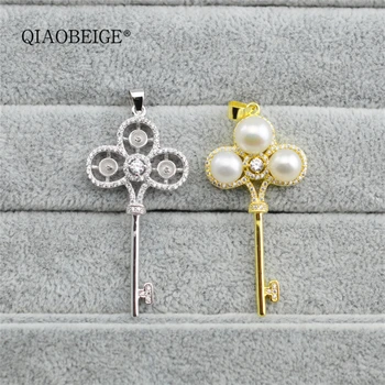 

QIAOBEIGE Big key design 925 sterling silver three pearls mounted 6-7mm round bead Sweater chain Accessory pendant component