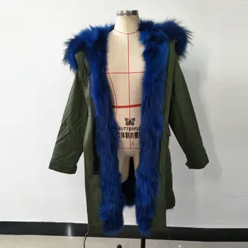 Günstige Neue Mrs Fell Stil Blau Lange Haar Fuchs Pelz Jacke Frauen Waschbären Pelz Große Kapuze Frauen Parka Winter Parka