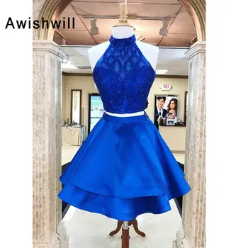 

New Arrival Two Pieces Homecoming Dress Short Backless Beadings Satin Royal Blue Graduation Party Dress Vestido Formal Corto