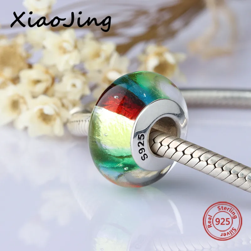 

diy rainbow charms 925 silver sparkling Murano glass beads fit authentic European bracelet fashion jewelry accessories for gifts