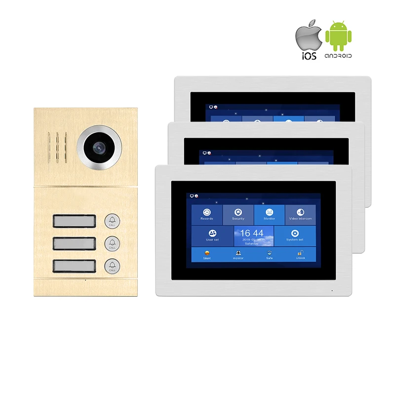 

Free Shipping 1.0MP HD WIFI IP Apartment 7" Touch Screen Video Intercom Door Phone Record Kit 3 Monitors Phone Remote Monitor