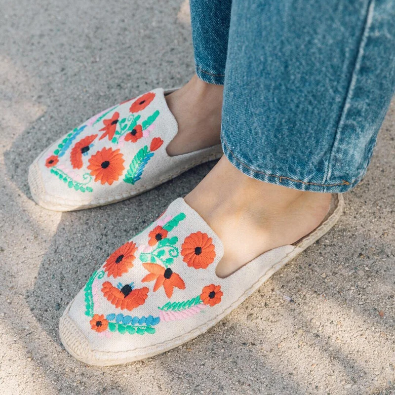 

Floral Embroidery Hemp Espadrille Mules Women Slippers Summer Outside Beach Slides Women Insta Embroidered Mule Flat Sandals