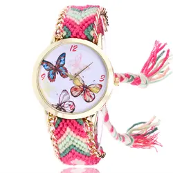 Часы Женская мода круглый бабочка из нержавеющей стали Циферблат цветной шерсти плетеный браслет кварцевые наручные часы для отдыха часы