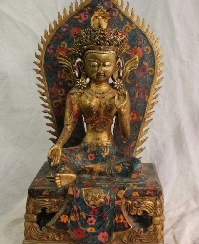 

25" Chinese Bronze Cloisonne Enamel Gilt Green Tara Buddha Aureole Ring Statue