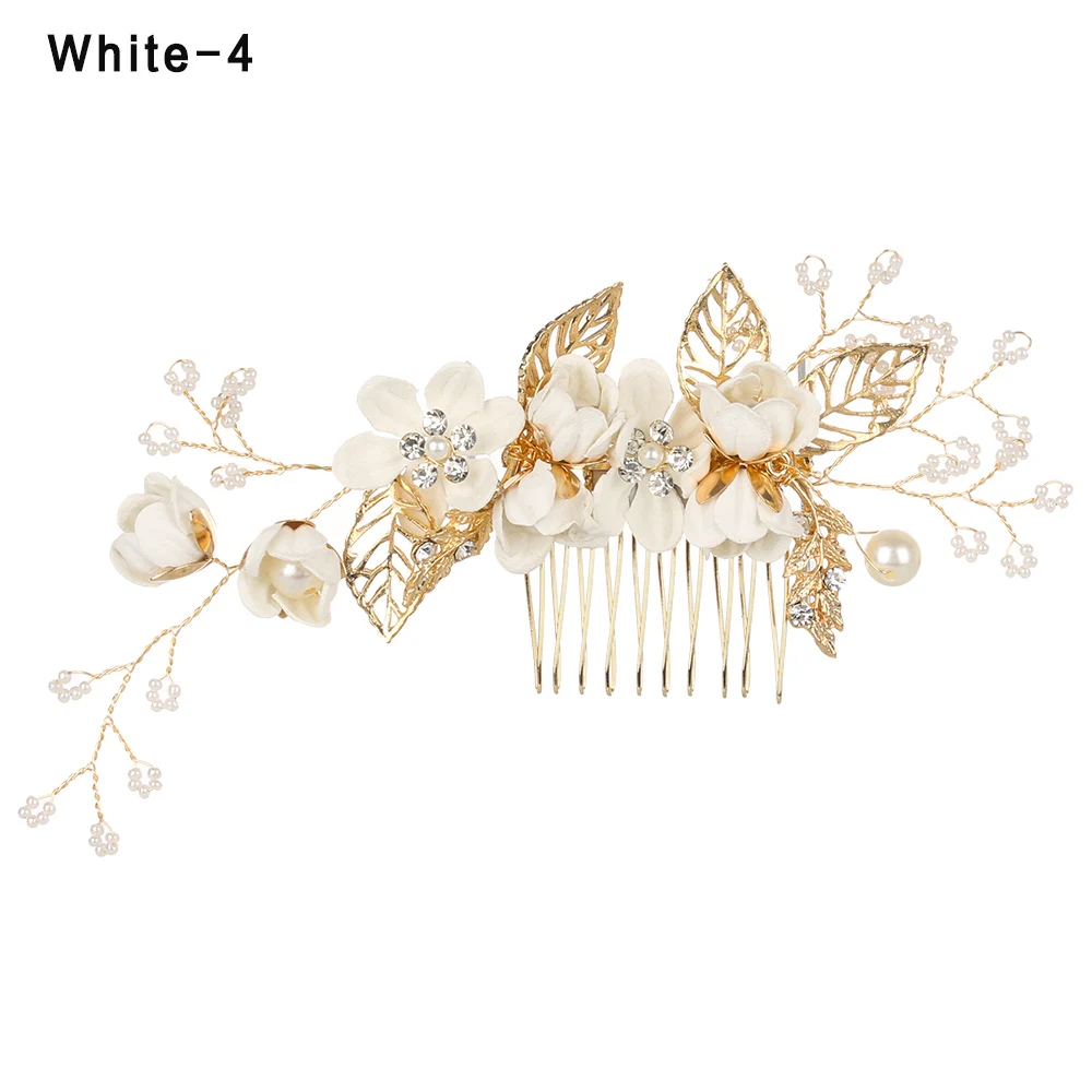 Luxury Blue Flower Hair Combs Headdress Prom Bridal Wedding Hair Accessories Gold Leaves Hair Jewelry Hair Pins - Окраска металла: white 4