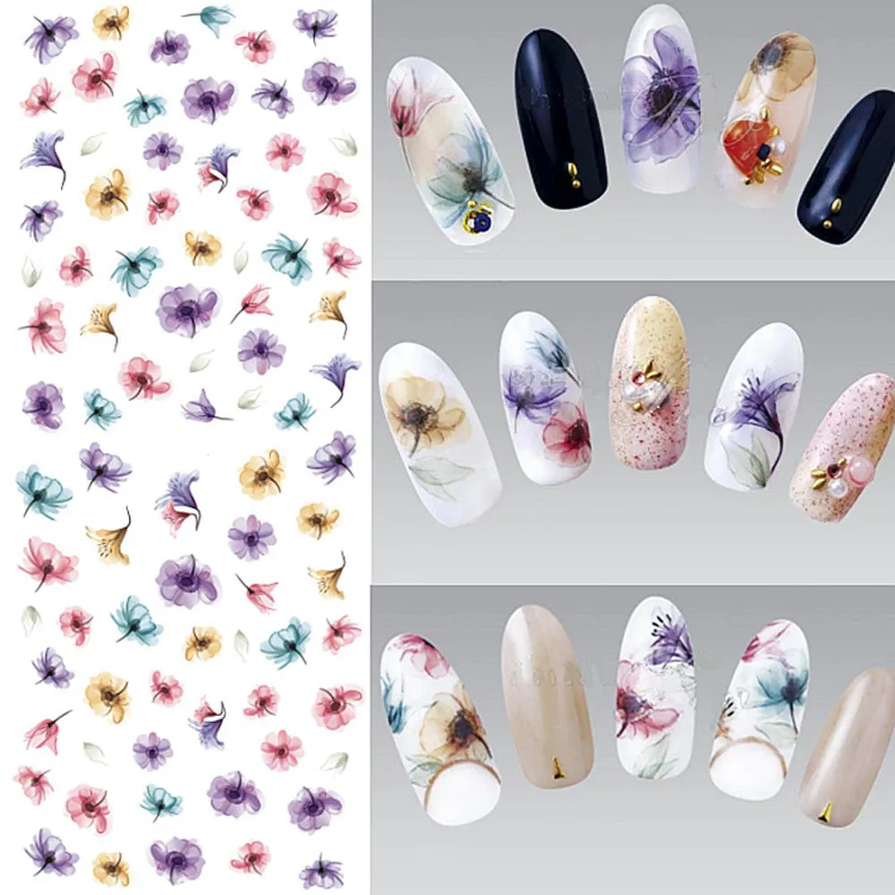 

12 Pcs Water Transfer Nail Sticker Flower Nail Stickers Colorful Flower Feather Heart Fashion Nails Sticker Art Decorations h