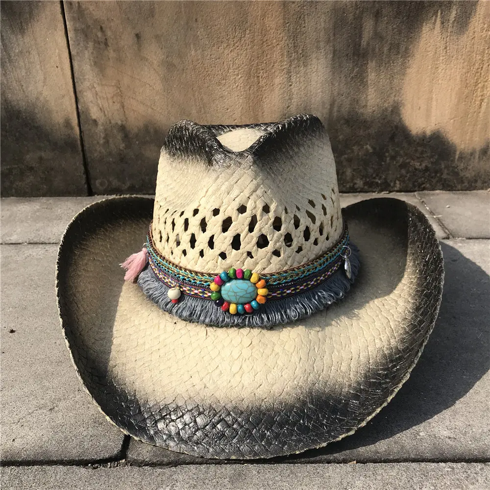 Женская открытая западная ковбойская шляпа летняя дамская шляпа Sombrero Hombre шляпа очарование кисточка Солнцезащитная шляпа