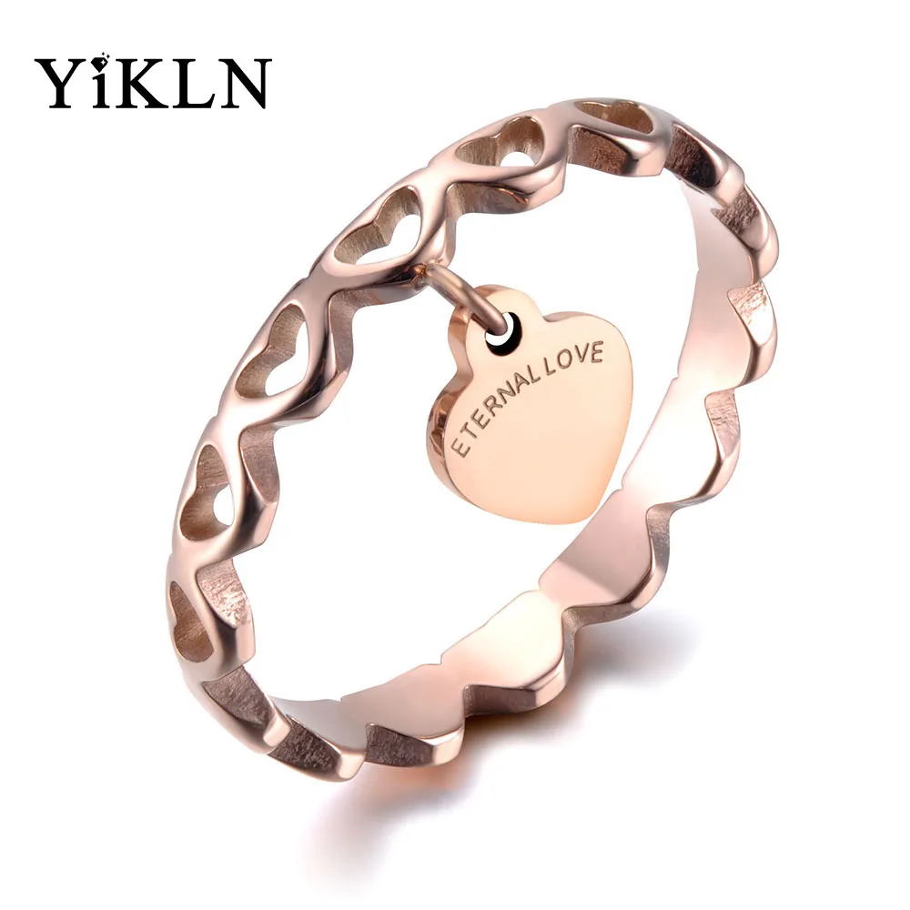 

YiKLN Romantic Eternal Love Heart Charm Engagement Rings Rose Gold Stainless Steel Hollow Heart Wedding Rings For Women YR19016