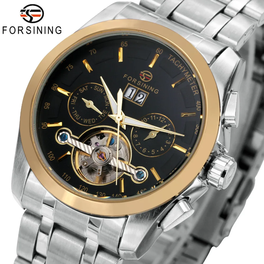 

FORSINING 3D Design Men Auto Mechanical Watch Date Calendar Skeleton Stainless-Steel Strap Tourbillon Sub-dial Golden Bezel