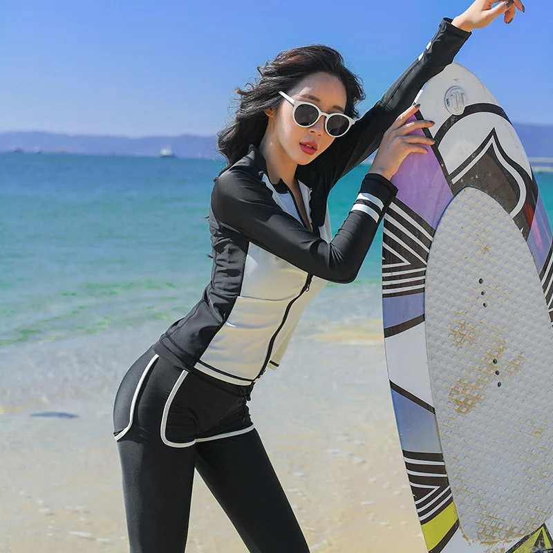 

Swimwear Women Sexy Bikini 2019 With Long Sleeves Surf New Pants Sleeve Zippers Garment Solid Bamboo Fiber Swimsuit Long Sleeve