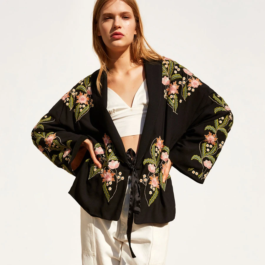 

FECCER boho jacket black 2019 floral Embroidery loose flare long sleeve cotton Lining coats chic Women jacket Coat Outerwear#12