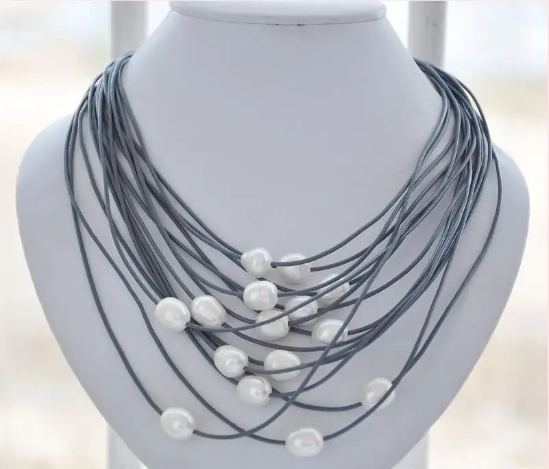 

FREE SHIPPING HOT sell new Style >>>> 15strands 13mm white rice pearl gray leather necklace 20inch