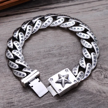 

MetJakt Men's Punk Pentagram Bracelet with Small Stars Solid 925 Sterling Silver Bracelet for Male Biker Vintage Jewelry 20cm