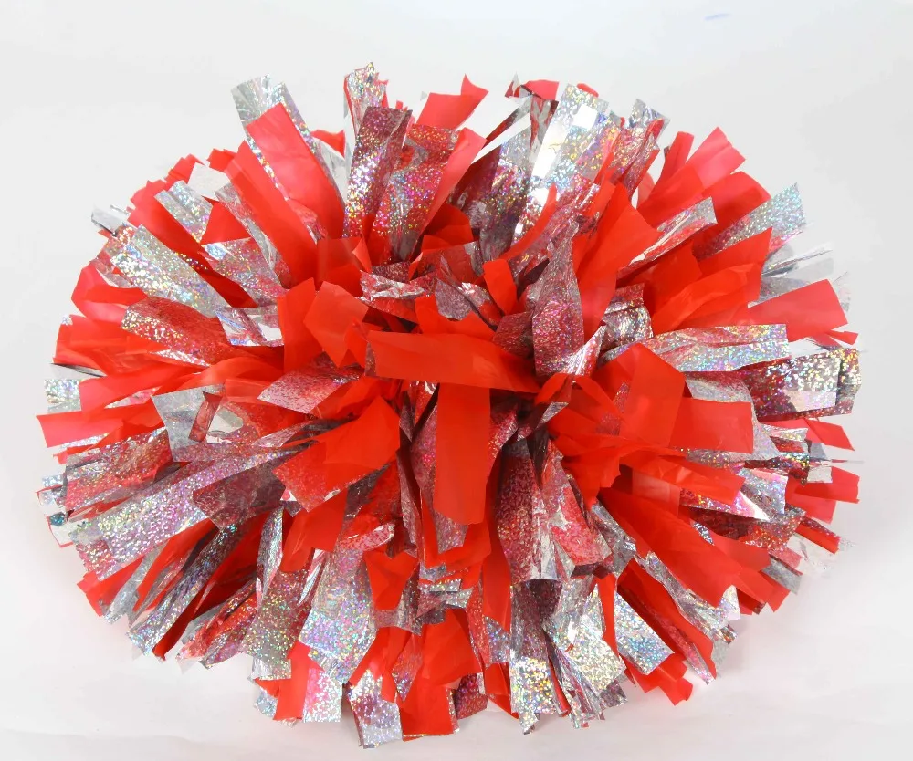 Fadeless not fading 32cm-44cm Hologram laser PET metallic shine silver cheerleading pompom cheerleader pom pom with baton handle