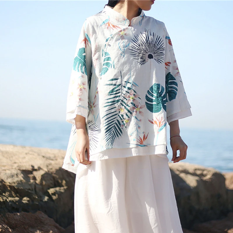 

Johnature Vintage Shirts And Summer Blouses Print Floral 2019 New Nine Sleeve Loose Double Japan Style Women Tops Casual Shirts