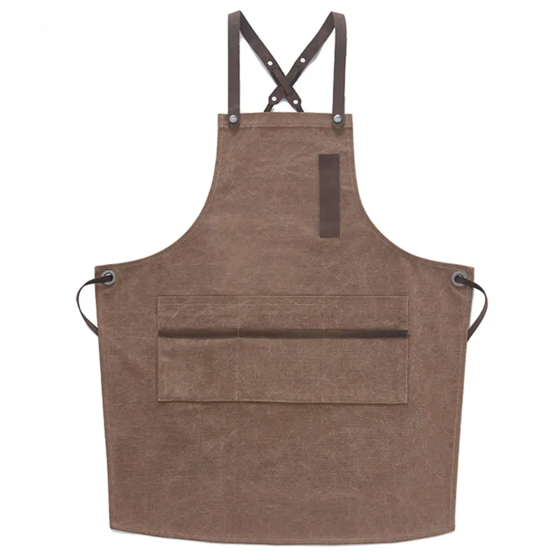 Gray Coffee Washed Canvas Apron Cotton Leather Straps E11-1