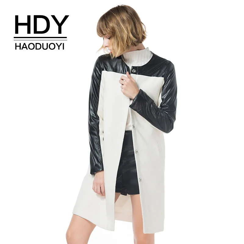 HDY Haoduoyi 2017 осеннее пальто Шерстяная Смесь искусственная кожа Лоскутная тонкая