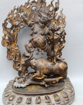 

21" Old Tibet Buddhism Bronze Gilt Ox Head Mandkesvara Yab-Yum Buddha Statue